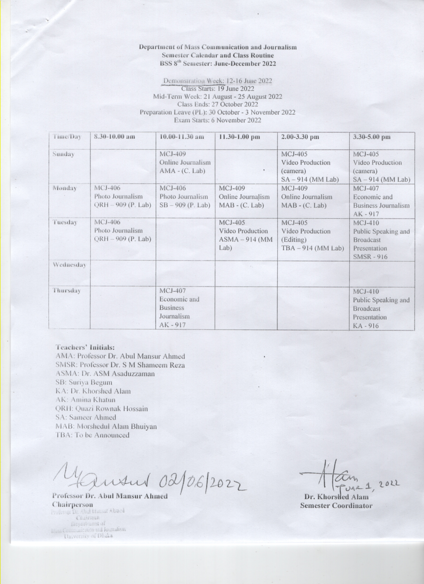 BSS Class Routine BSS Class Routine